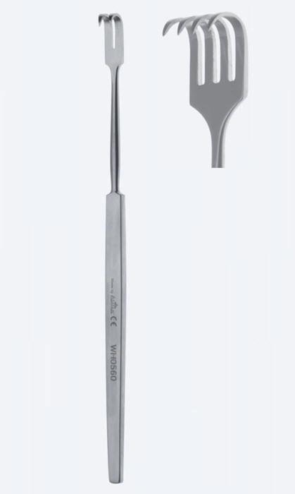 Ретрактори (ранорозширювачі) для ран та трахеї, фіг. 4, вигнуті, 4 зубці, ширина 7,5 x 14 мм, довжина 165 мм. Бренд - Asanus Medizintechnik Gmb, Німеччина